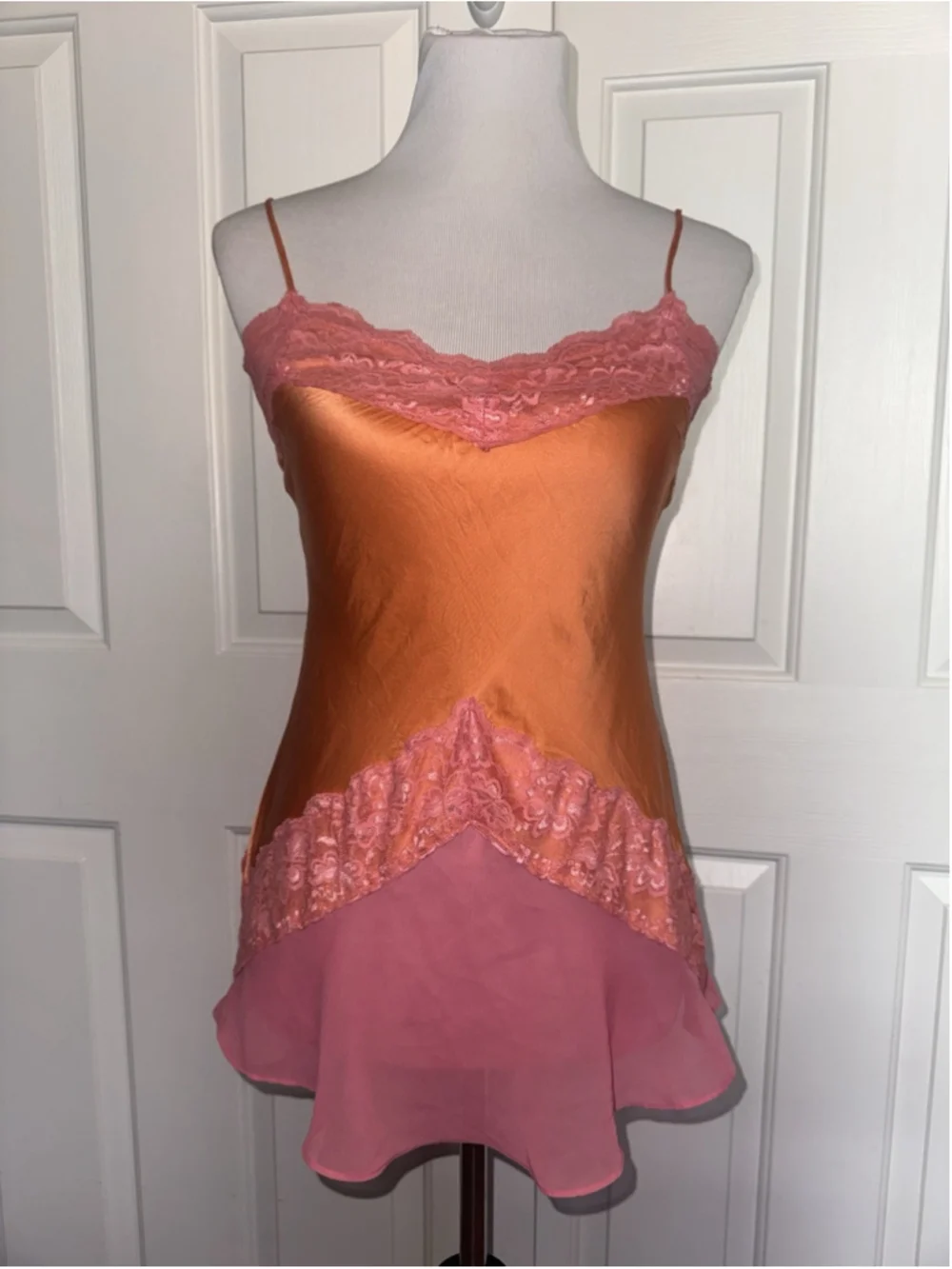 Vintage Y2K Wet Seal 100% Silk Cami XS Pink Lace Ruffle Lingerie Tank Top